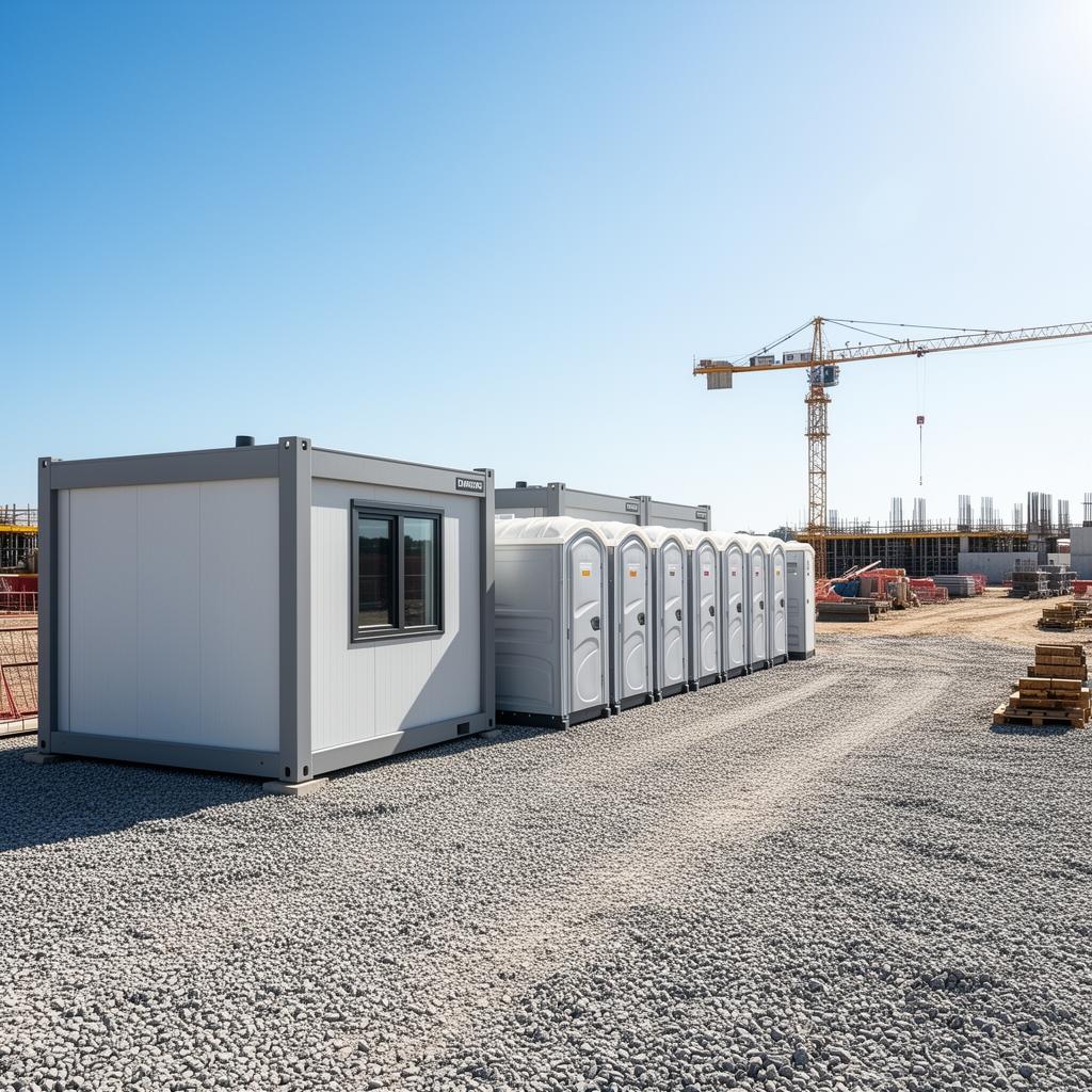 Nowoczesny kontener biurowy i czyste toalety przenośne na słonecznym placu budowy