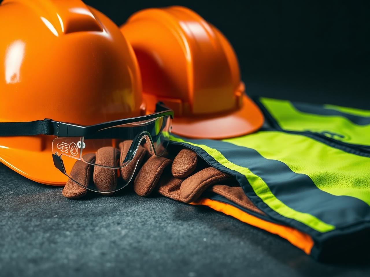 Środki ochrony indywidualnej — kask, okulary, rękawice, kamizelka